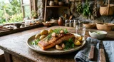 Seared salmon with roasted garlic on rustic table, enhanced by soft lighting and green herbs, set in an Amami island kitchen.