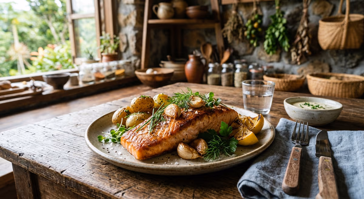 Seared salmon with roasted garlic on rustic table, enhanced by soft lighting and green herbs, set in an Amami island kitchen.